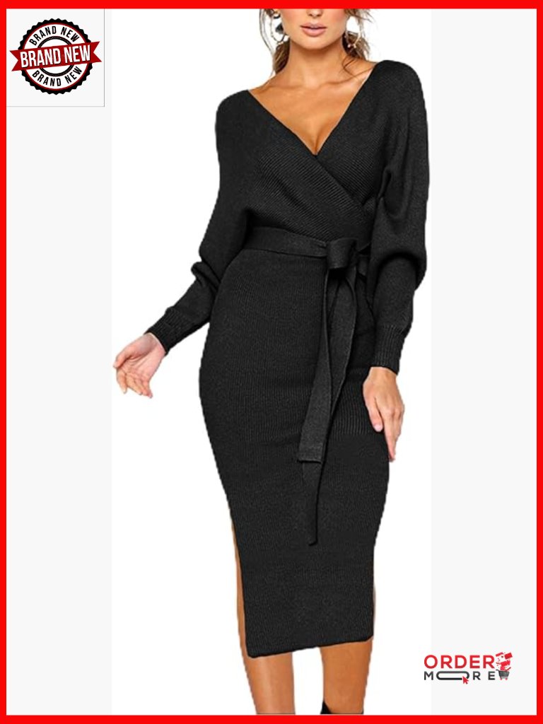 V Neck Sweater Dress Batwing Long Sleeve Backless Bodycon With Belt